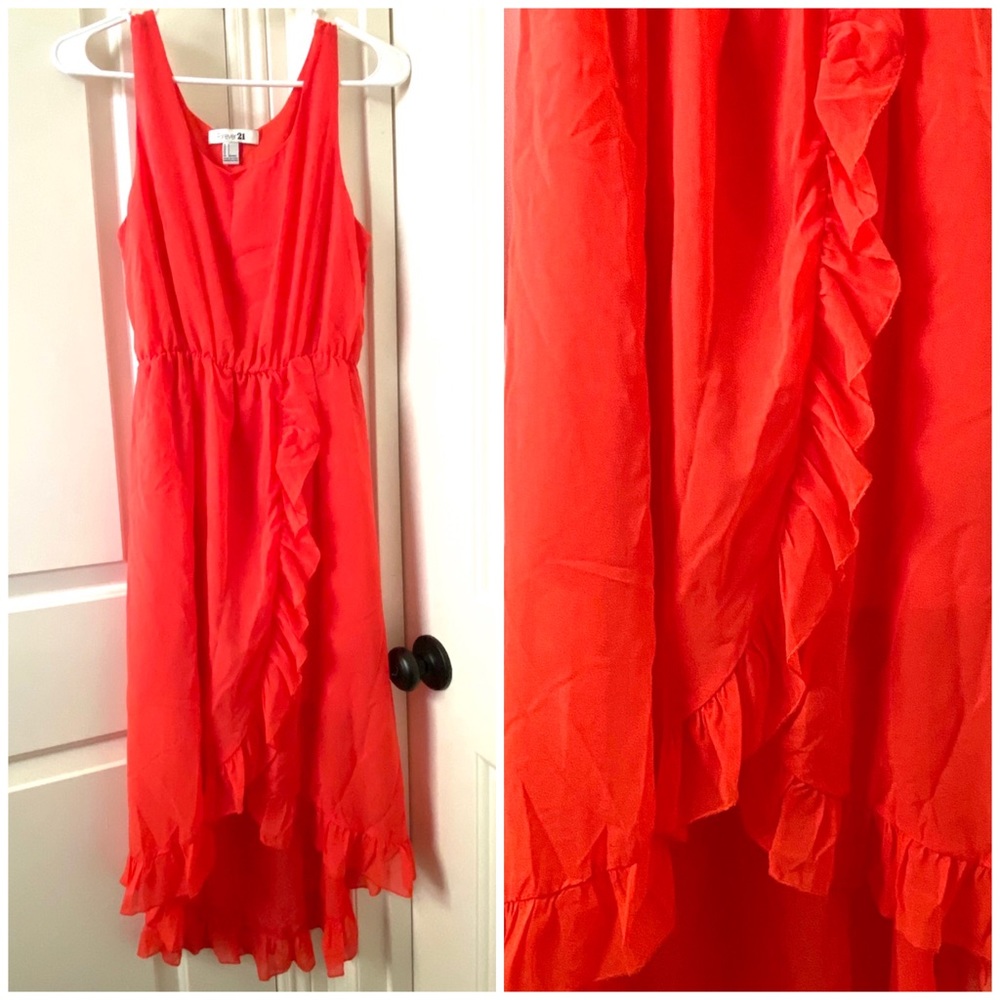 EUC Flowy Ruffle Red-Orange Midi Dress